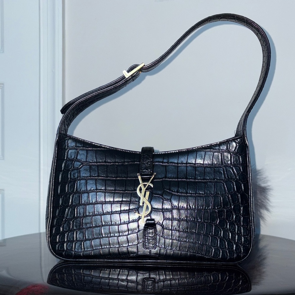 YSL Croc Embossed Leather Shoulder Bag